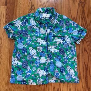 Printfresh Ginger Jar & Cats Organic Cotton Pajama Top Green Blue White Large